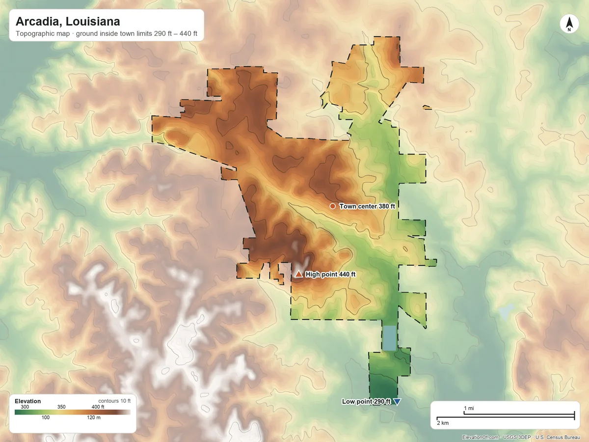 Topographic elevation map of Arcadia, Louisiana, shaded from 290 ft on the south side to 440 ft on the southwest side