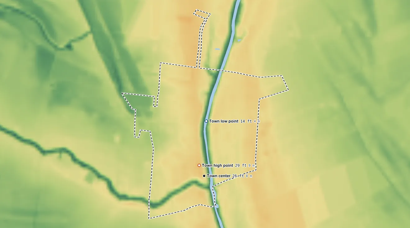 Topographic elevation map of Arnaudville, Louisiana, shaded from 14 ft on the north side to 29 ft near the middle