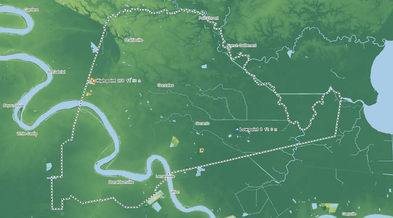 Topographic elevation map of Ascension Parish, Louisiana, shaded from 0 ft on the southeast side to 170 ft on the west side