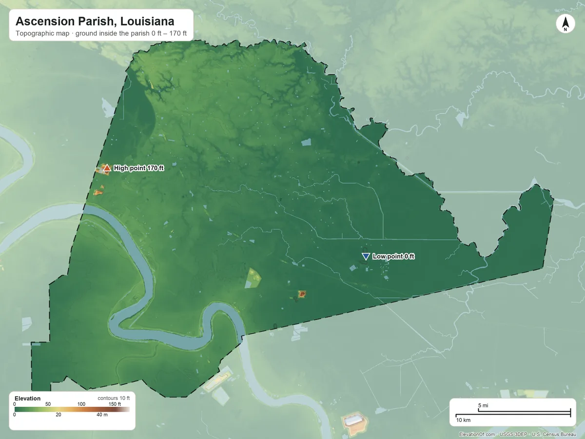 Topographic elevation map of Ascension Parish, Louisiana, shaded from 0 ft on the southeast side to 170 ft on the west side