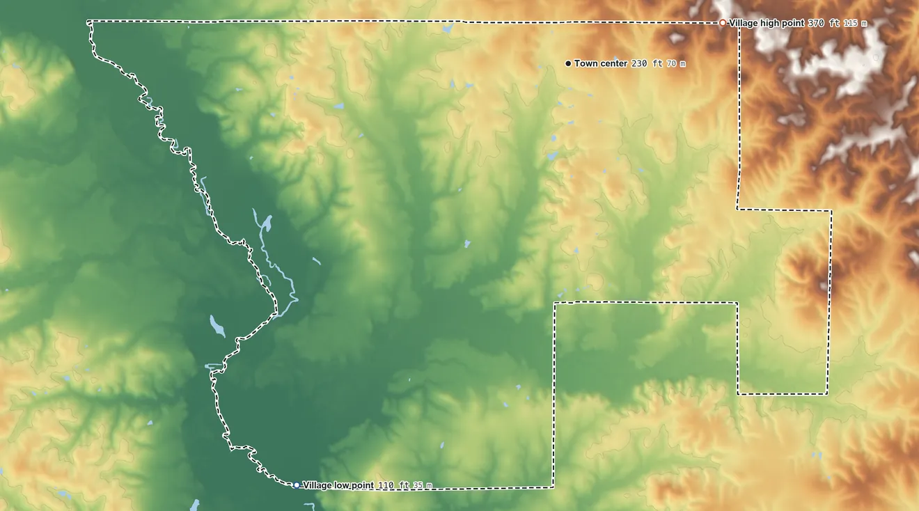 Topographic elevation map of Ashland, Louisiana, shaded from 110 ft on the southwest side to 370 ft on the east side