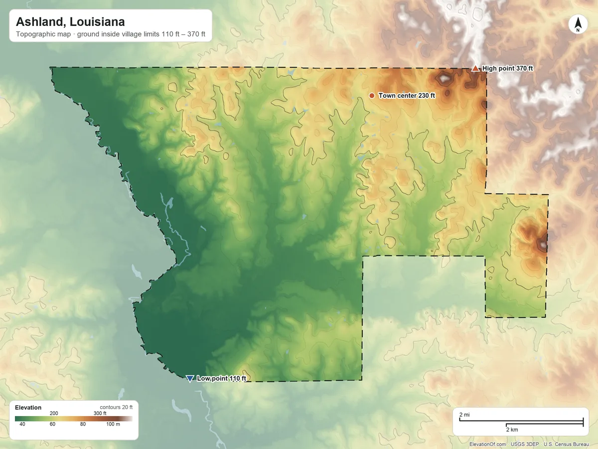 Topographic elevation map of Ashland, Louisiana, shaded from 110 ft on the southwest side to 370 ft on the east side