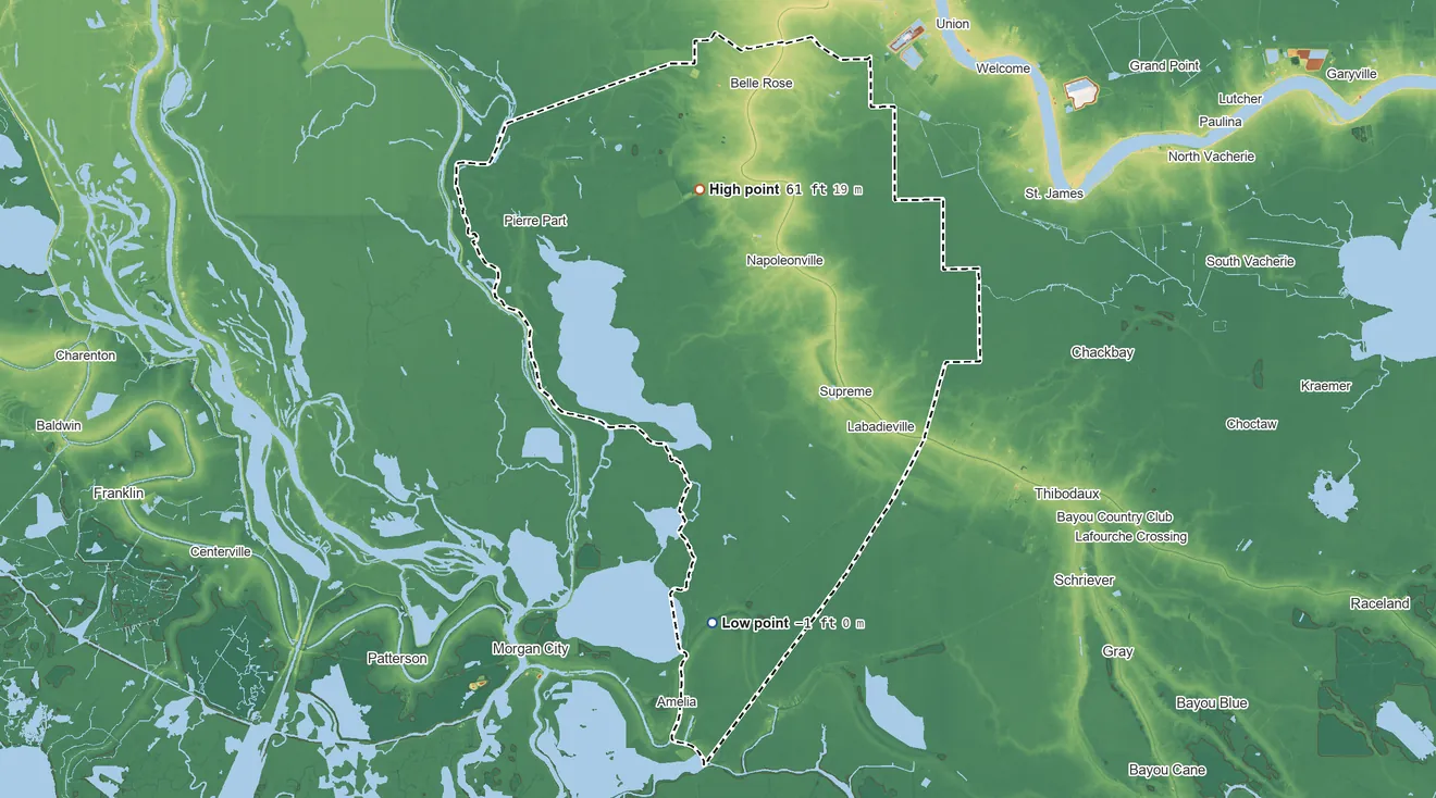 Topographic elevation map of Assumption Parish, Louisiana, shaded from 1 ft below sea level on the south side to 61 ft on the north side