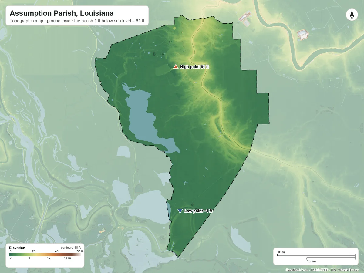 Topographic elevation map of Assumption Parish, Louisiana, shaded from 1 ft below sea level on the south side to 61 ft on the north side