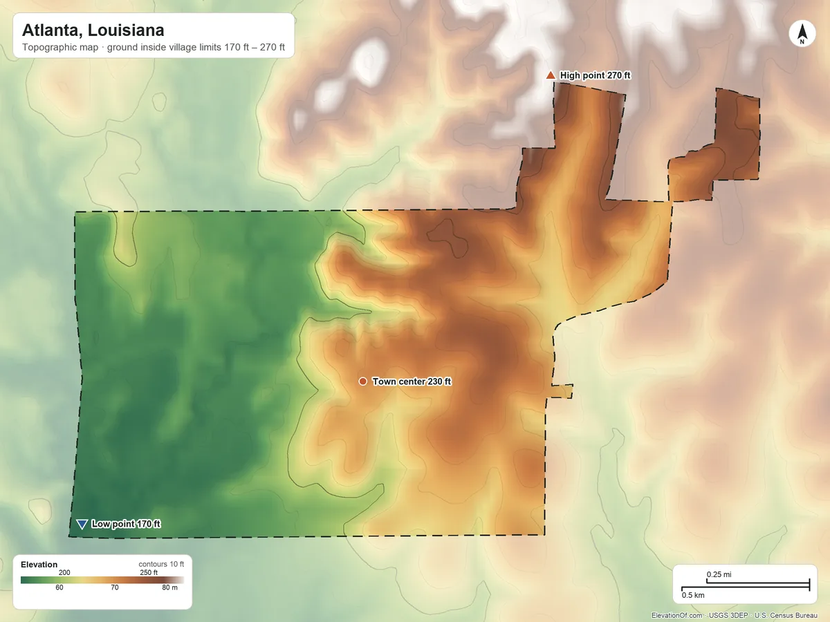 Topographic elevation map of Atlanta, Louisiana, shaded from 170 ft on the southwest side to 270 ft on the northeast side
