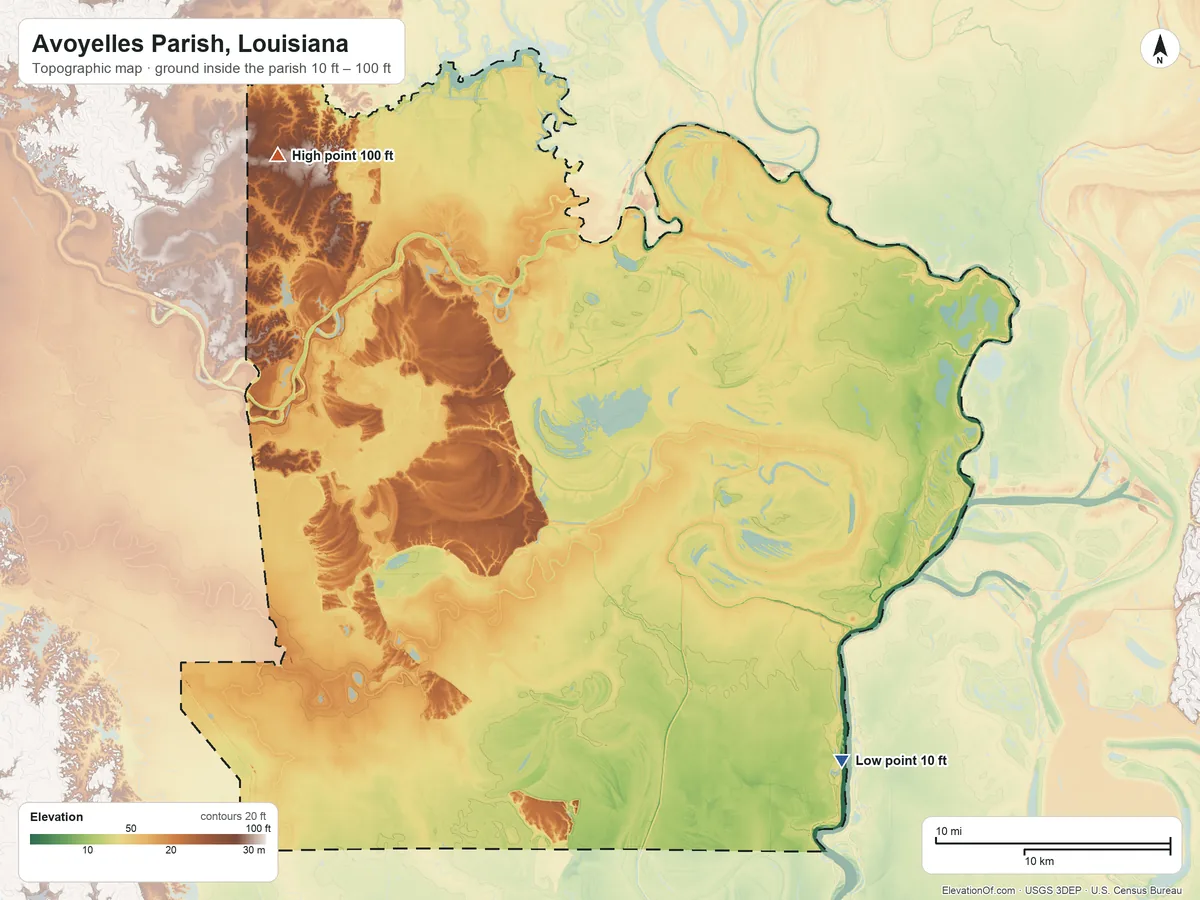 Topographic elevation map of Avoyelles Parish, Louisiana, shaded from 10 ft on the southeast side to 100 ft on the northwest side