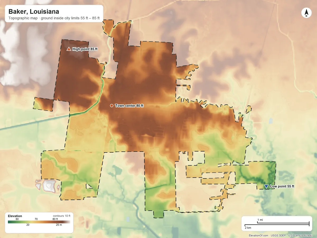 Topographic elevation map of Baker, Louisiana, shaded from 55 ft on the southeast side to 85 ft on the northwest side