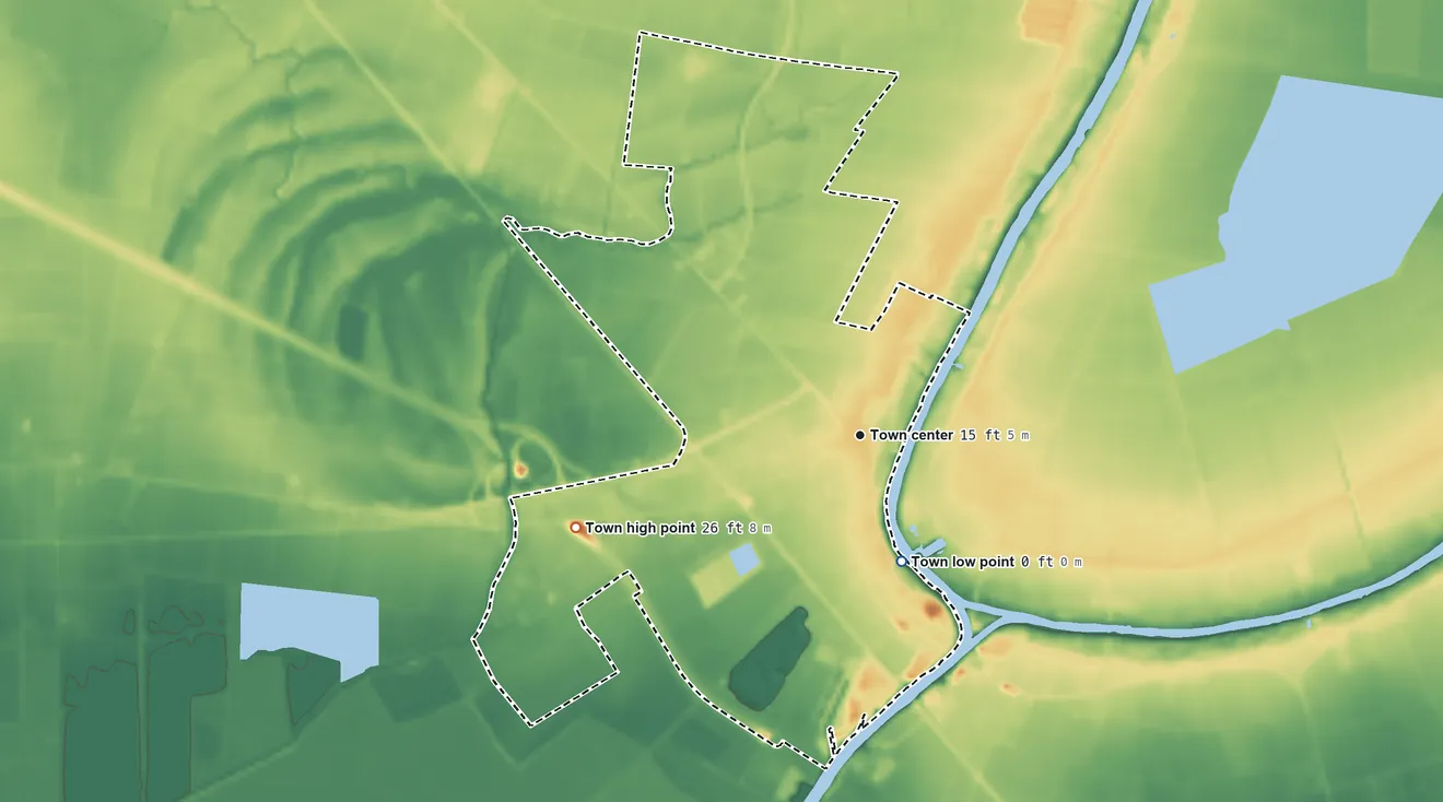 Topographic elevation map of Baldwin, Louisiana, shaded from 0 ft on the south side to 26 ft on the west side