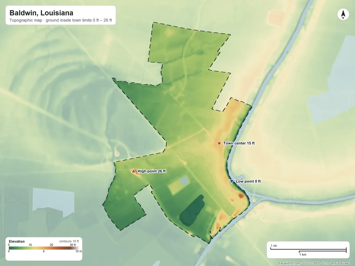 Topographic elevation map of Baldwin, Louisiana, shaded from 0 ft on the south side to 26 ft on the west side