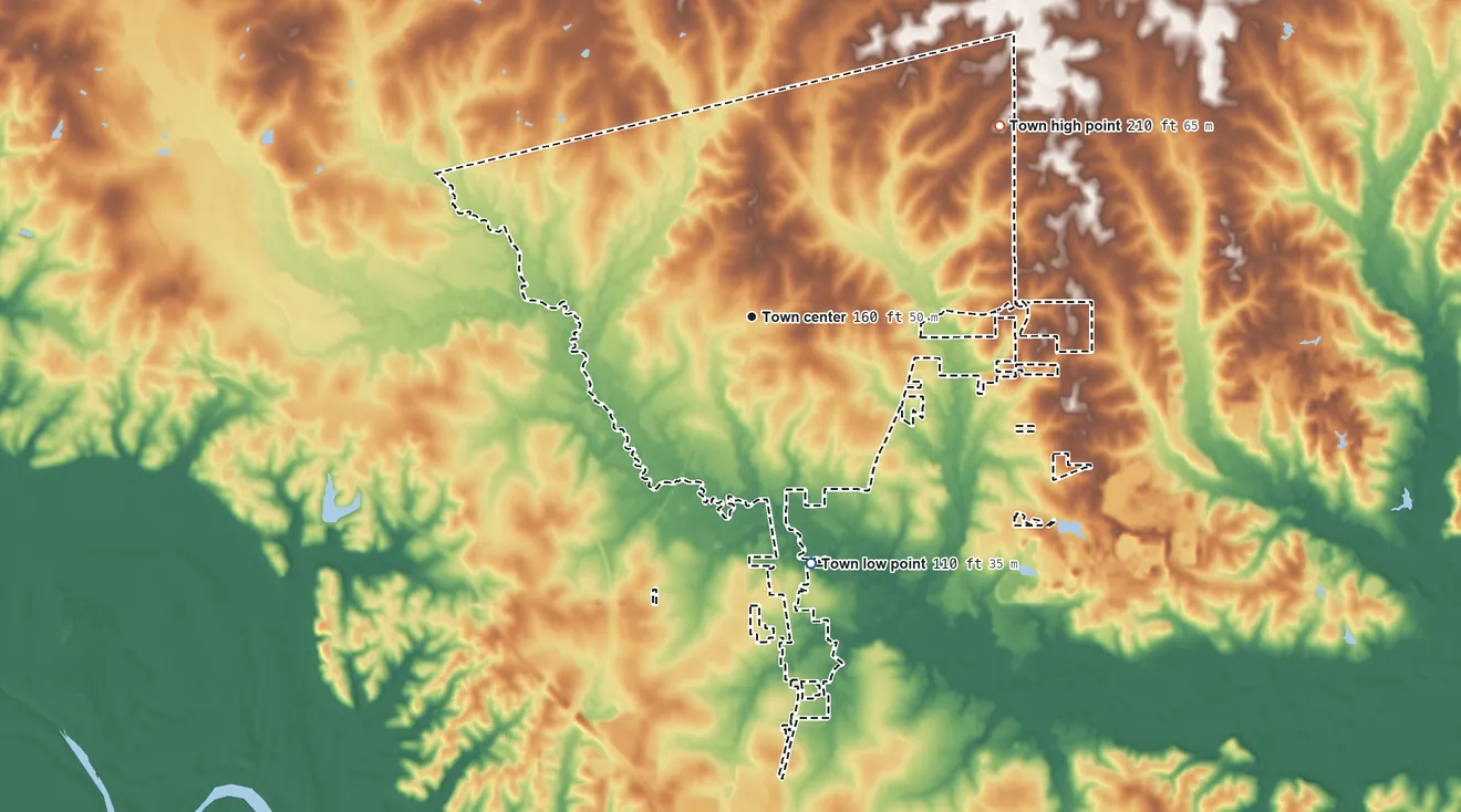 Topographic elevation map of Ball, Louisiana, shaded from 110 ft on the south side to 210 ft on the northeast side