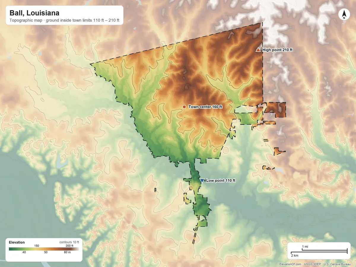 Topographic elevation map of Ball, Louisiana, shaded from 110 ft on the south side to 210 ft on the northeast side