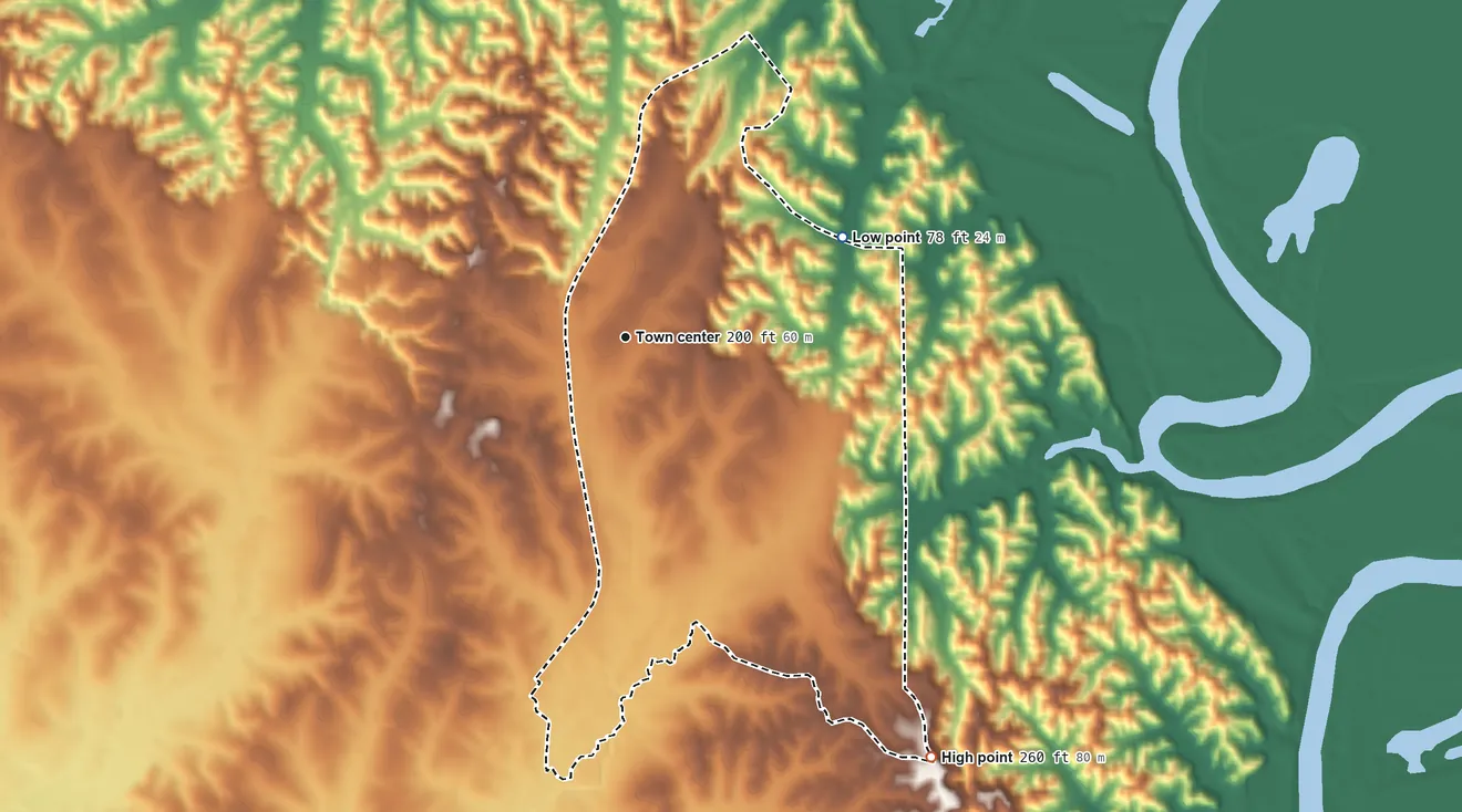 Topographic elevation map of Banks Springs, Louisiana, shaded from 78 ft on the northeast side to 260 ft on the southeast side