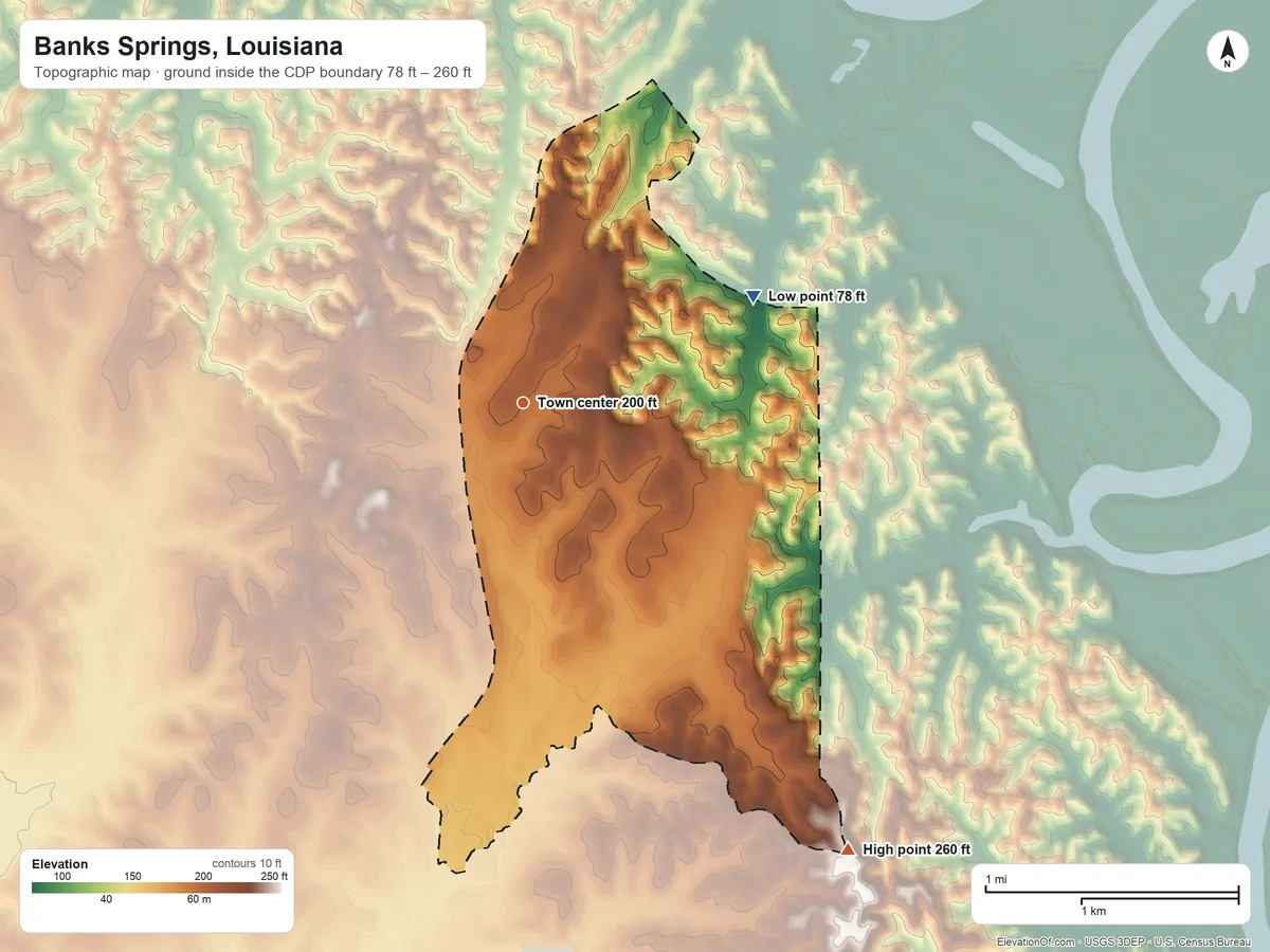 Topographic elevation map of Banks Springs, Louisiana, shaded from 78 ft on the northeast side to 260 ft on the southeast side