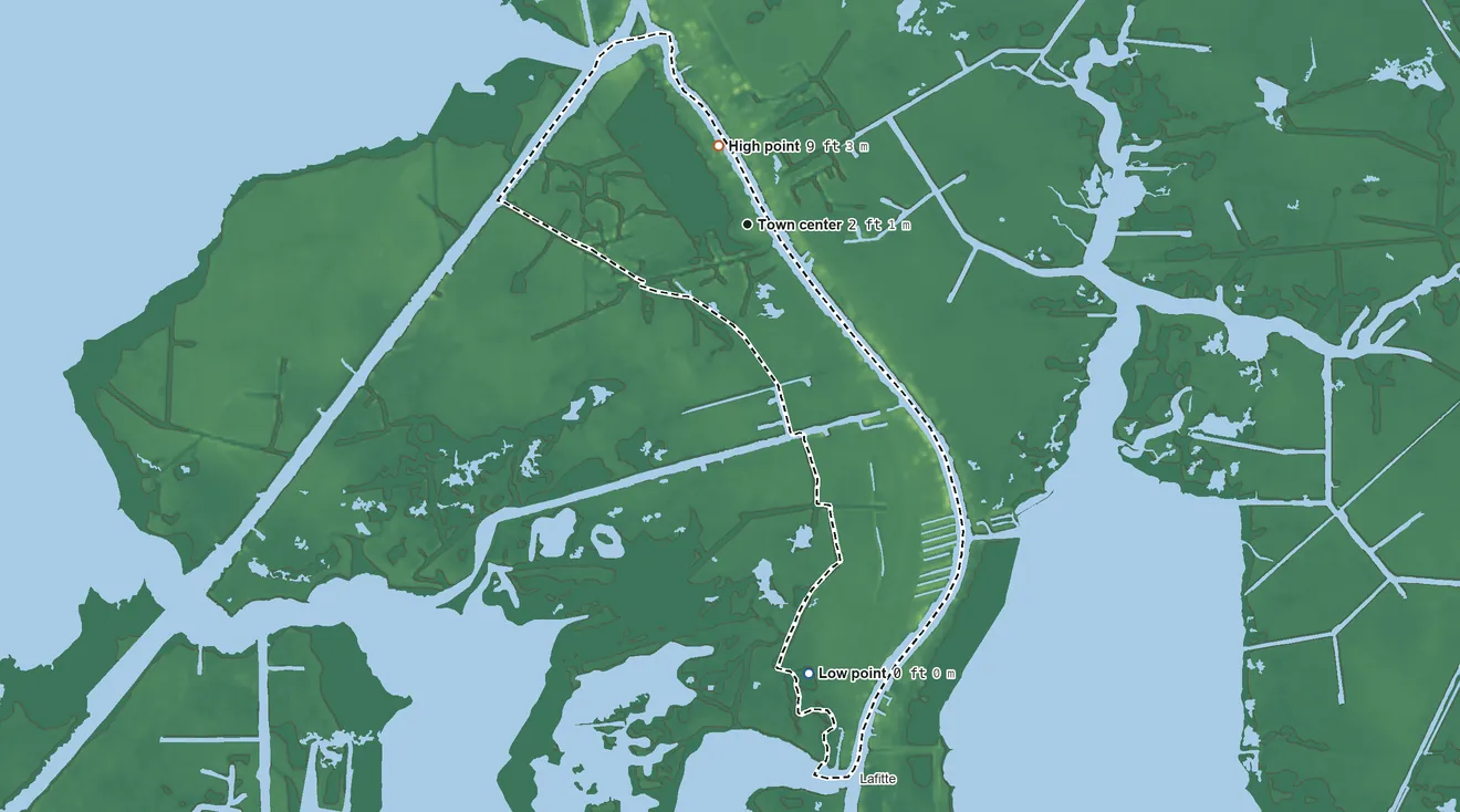 Topographic elevation map of Barataria, Louisiana, shaded from sea level level on the Bay Rigolettes to 9 ft near the middle
