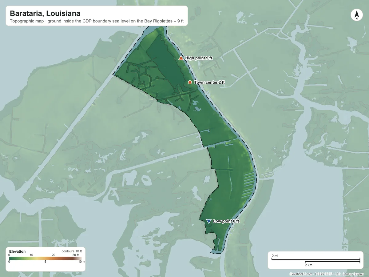 Topographic elevation map of Barataria, Louisiana, shaded from sea level level on the Bay Rigolettes to 9 ft near the middle