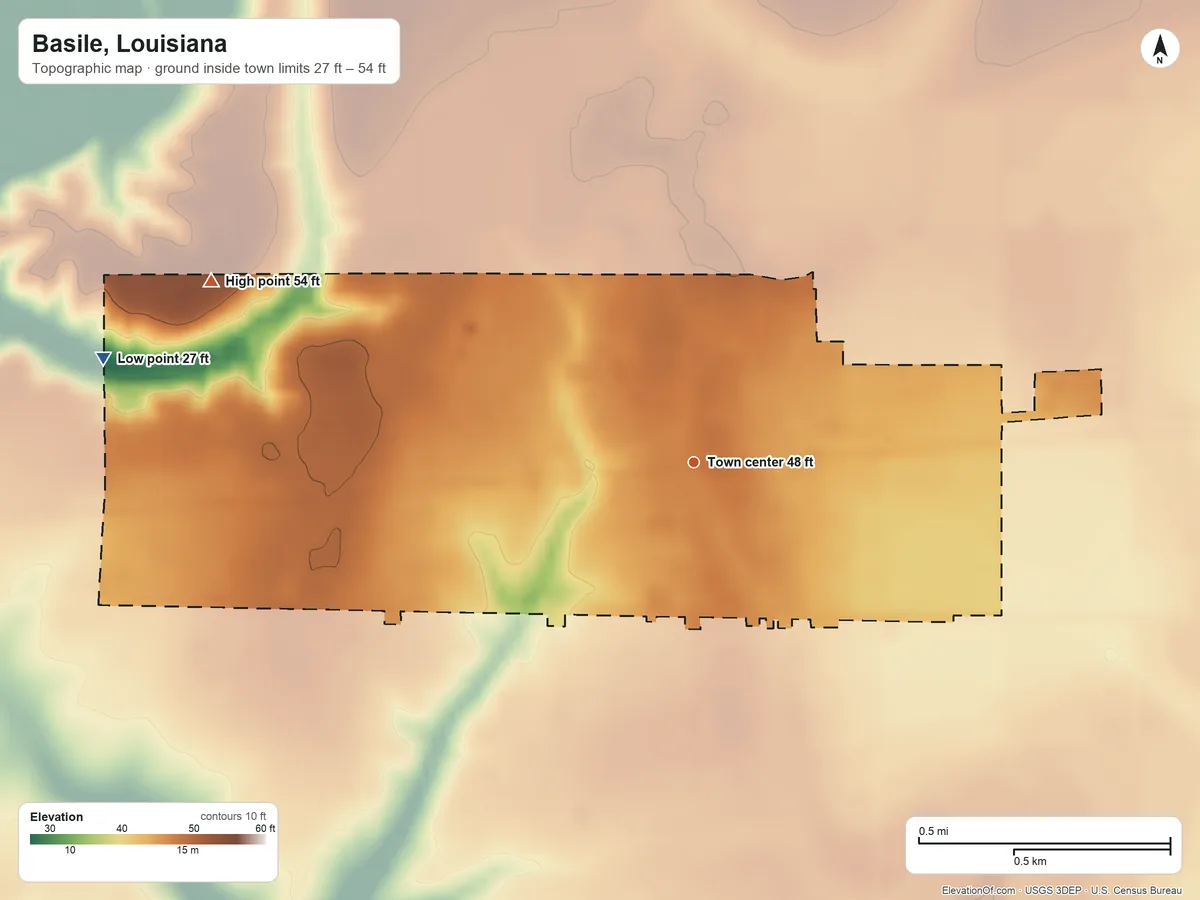 Topographic elevation map of Basile, Louisiana, shaded from 27 ft on the west side to 54 ft on the west side