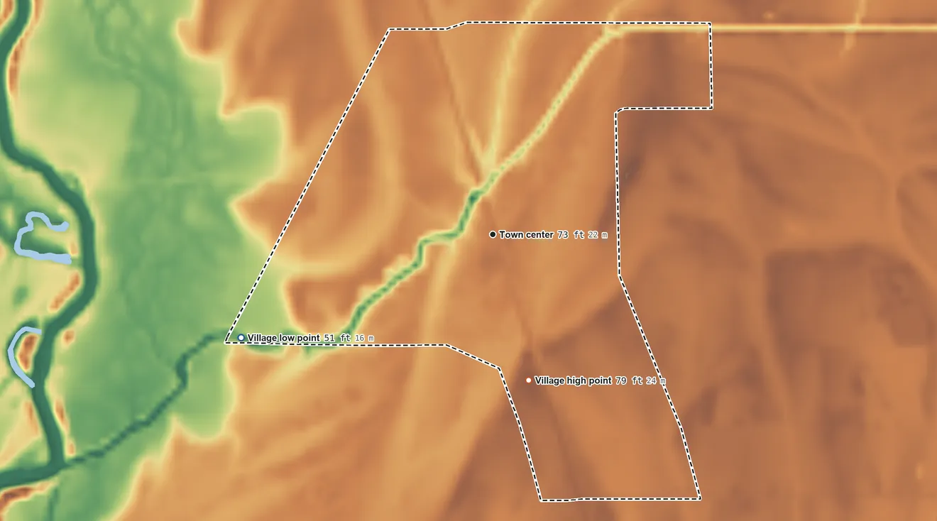 Topographic elevation map of Baskin, Louisiana, shaded from 51 ft on the west side to 79 ft on the south side
