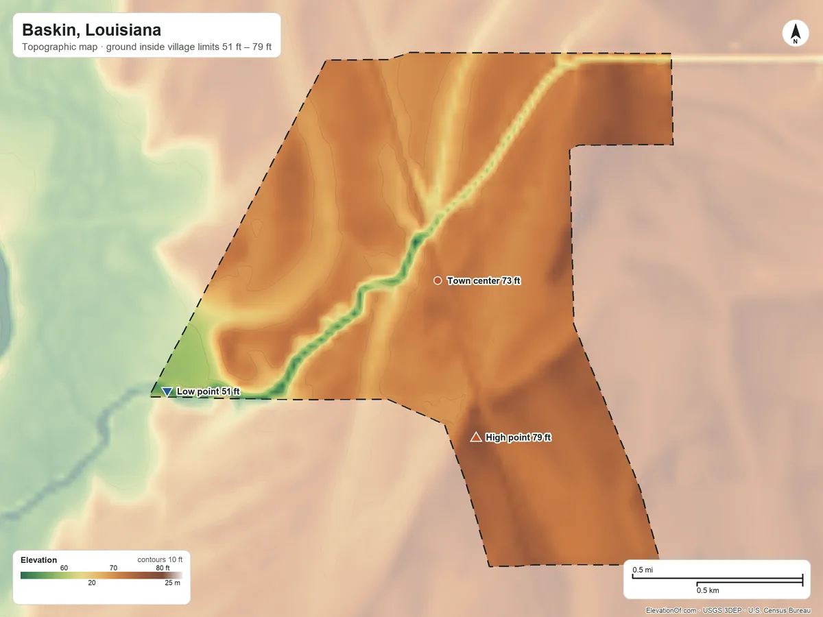 Topographic elevation map of Baskin, Louisiana, shaded from 51 ft on the west side to 79 ft on the south side
