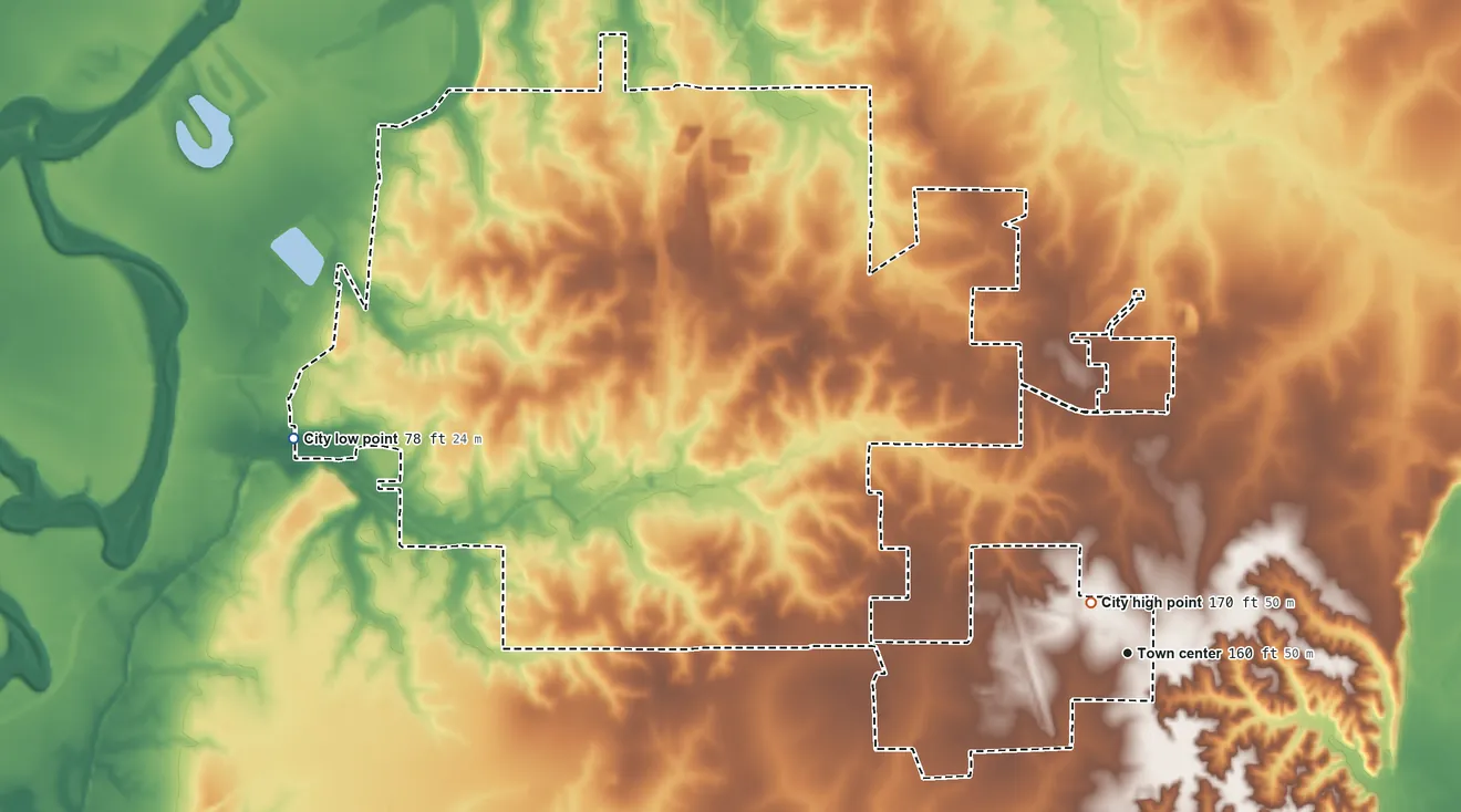 Topographic elevation map of Bastrop, Louisiana, shaded from 78 ft on the west side to 170 ft near the middle