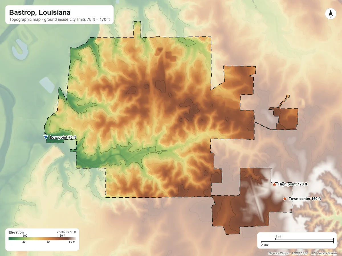 Topographic elevation map of Bastrop, Louisiana, shaded from 78 ft on the west side to 170 ft near the middle
