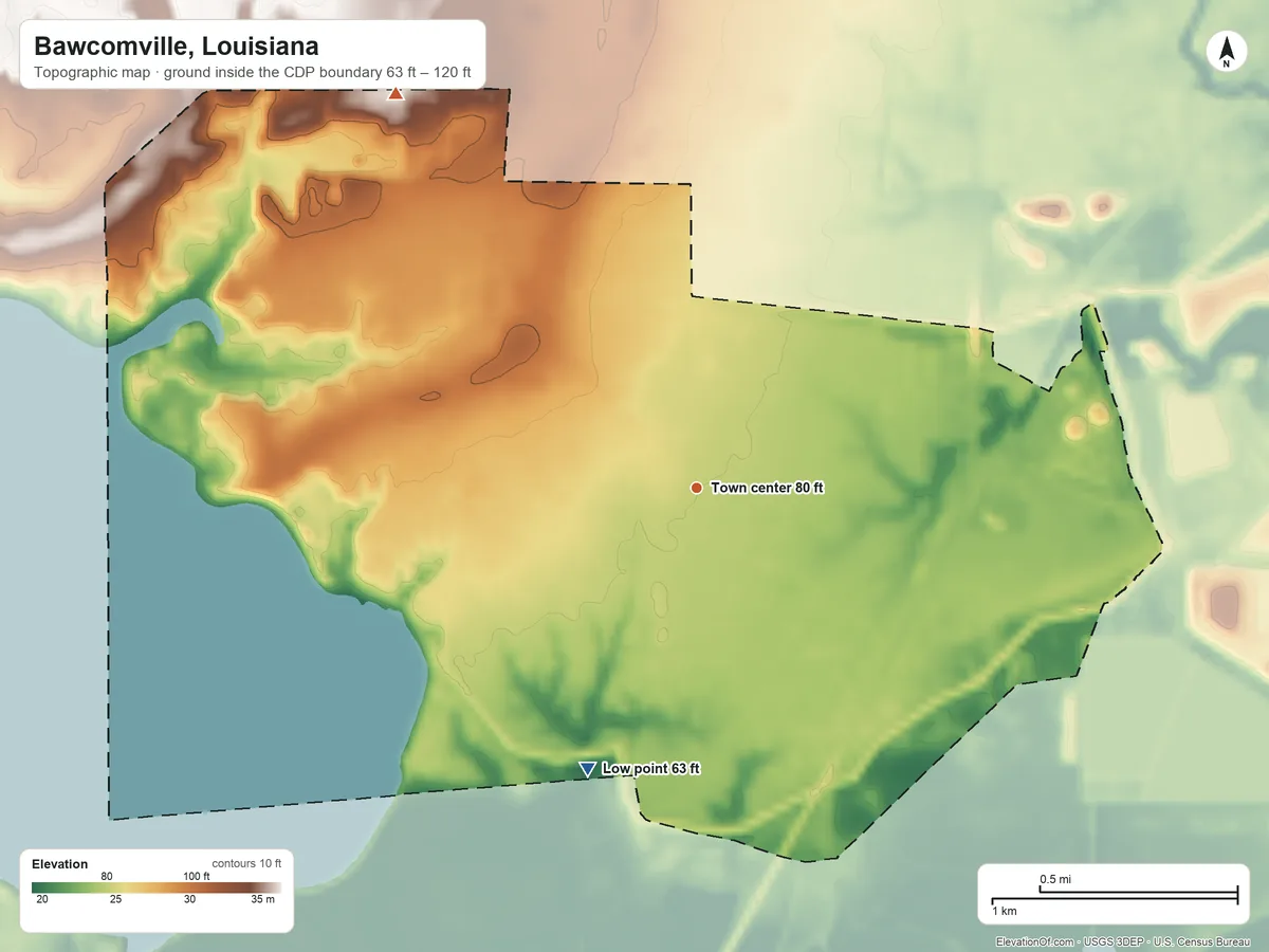 Topographic elevation map of Bawcomville, Louisiana, shaded from 63 ft on the south side to 120 ft on the northwest side