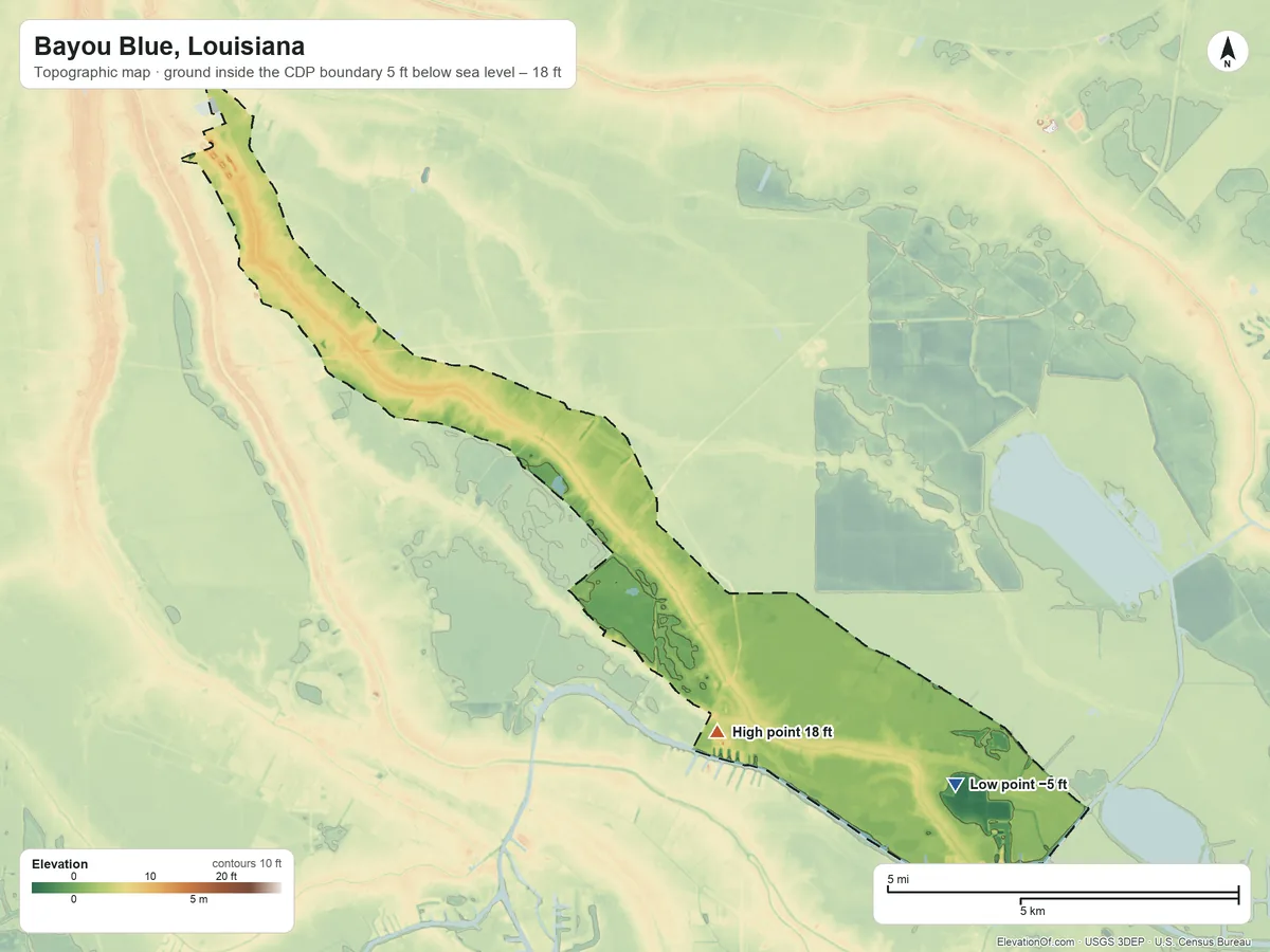 Topographic elevation map of Bayou Blue, Louisiana, shaded from −5 ft on the southeast side to 18 ft on the southeast side