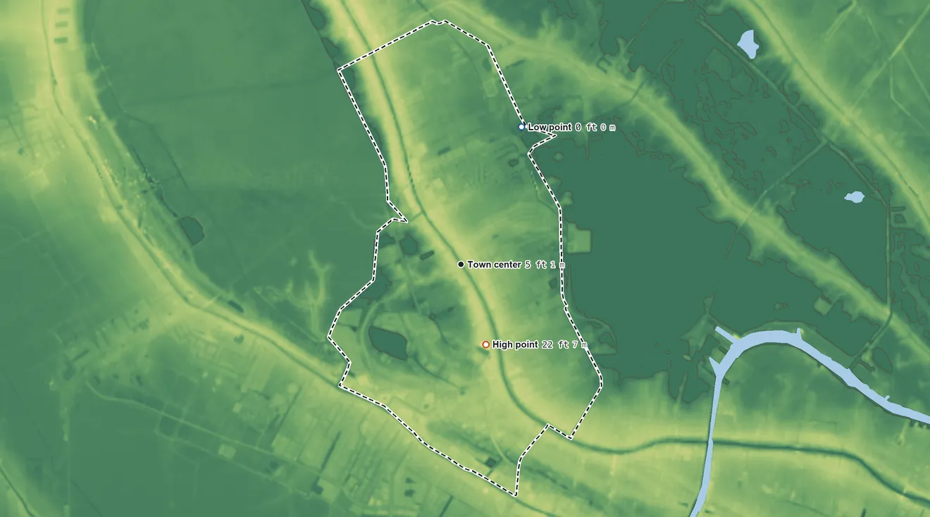 Topographic elevation map of Bayou Cane, Louisiana, shaded from 0 ft on the northeast side to 22 ft on the south side