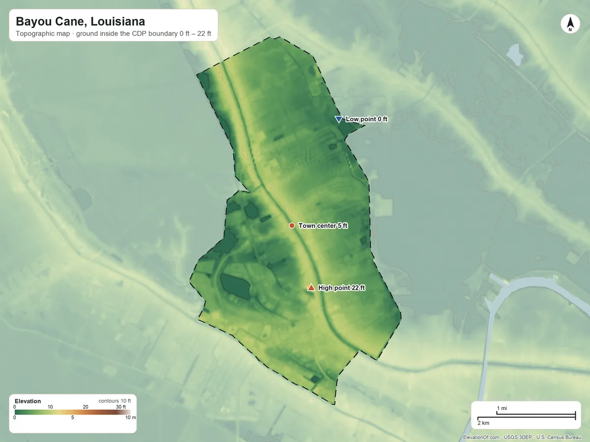 Topographic elevation map of Bayou Cane, Louisiana, shaded from 0 ft on the northeast side to 22 ft on the south side