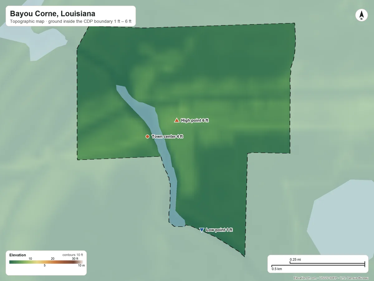Topographic elevation map of Bayou Corne, Louisiana, shaded from 1 ft on the southeast side to 6 ft on the northeast side