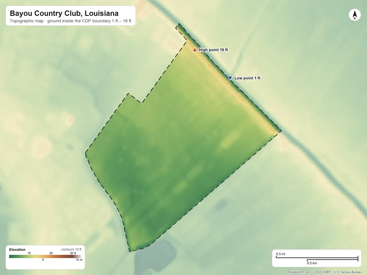 Topographic elevation map of Bayou Country Club, Louisiana, shaded from 1 ft on the northeast side to 16 ft on the north side