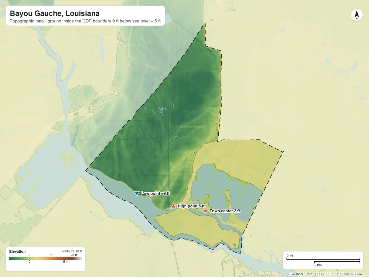 Topographic elevation map of Bayou Gauche, Louisiana, shaded from −9 ft on the west side to 5 ft on the west side
