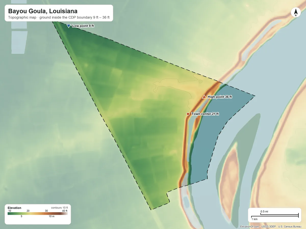 Topographic elevation map of Bayou Goula, Louisiana, shaded from 9 ft on the northwest side to 36 ft near the middle