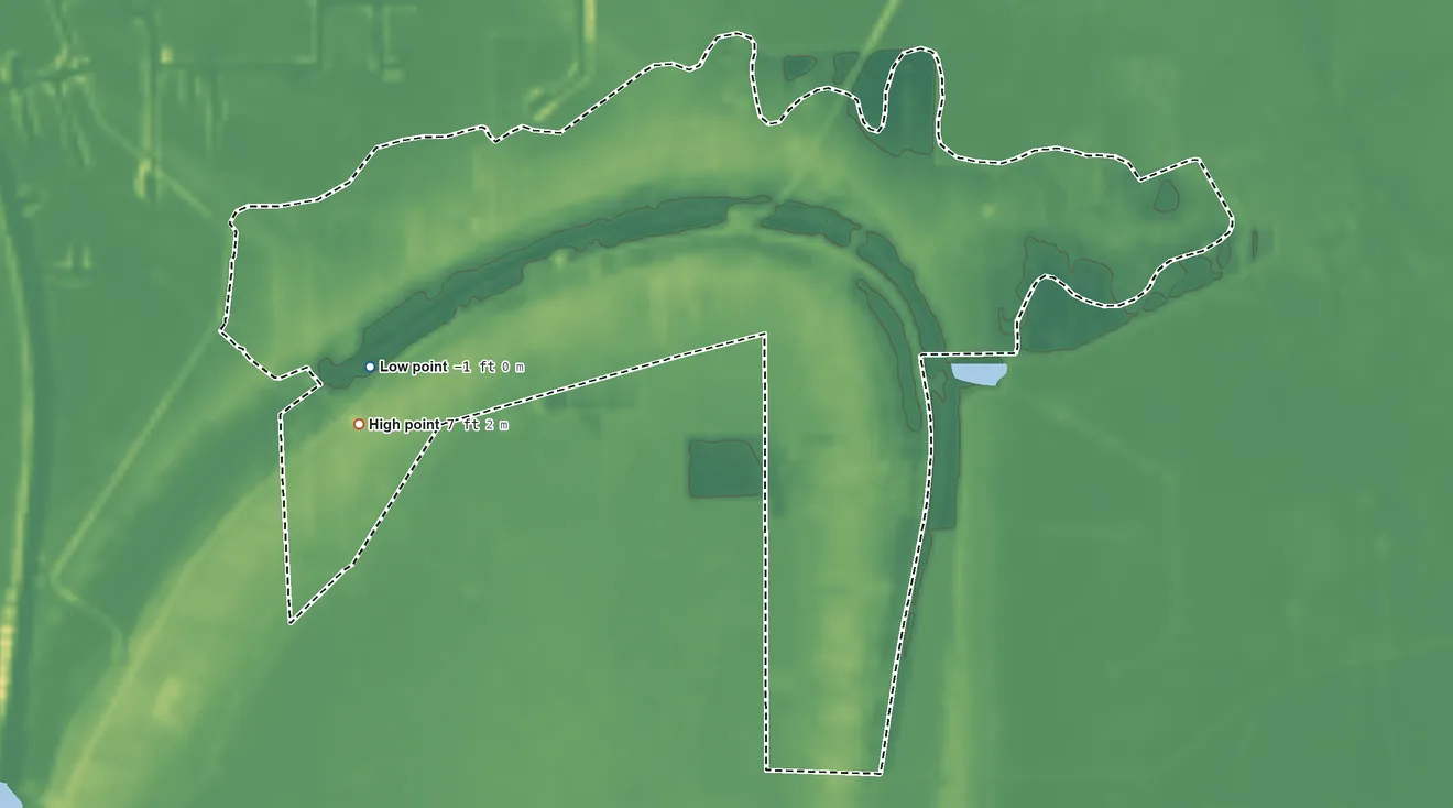 Topographic elevation map of Bayou L'Ourse, Louisiana, shaded from −1 ft on the west side to 7 ft on the west side
