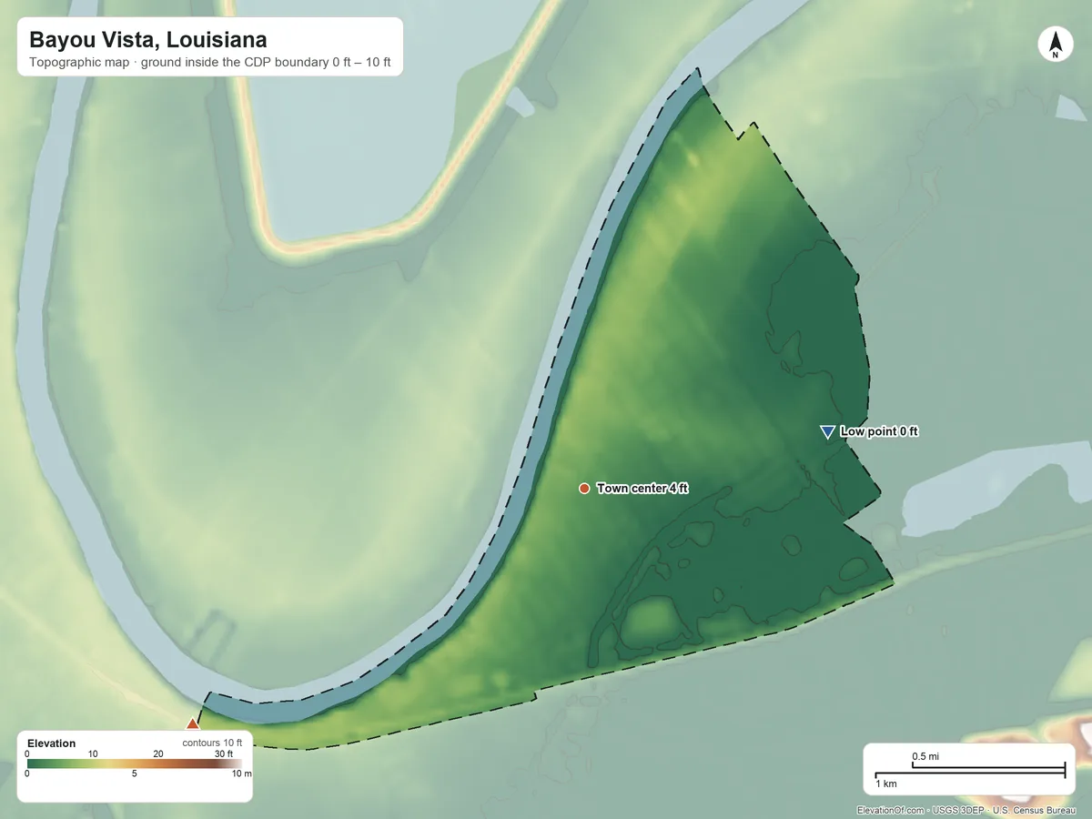 Topographic elevation map of Bayou Vista, Louisiana, shaded from 0 ft on the east side to 10 ft on the southwest side