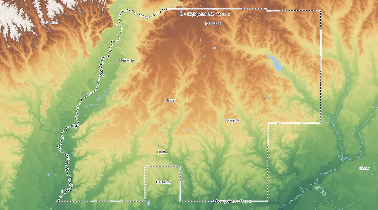 Topographic elevation map of Beauregard Parish, Louisiana, shaded from 8 ft on the south side to 260 ft on the north side