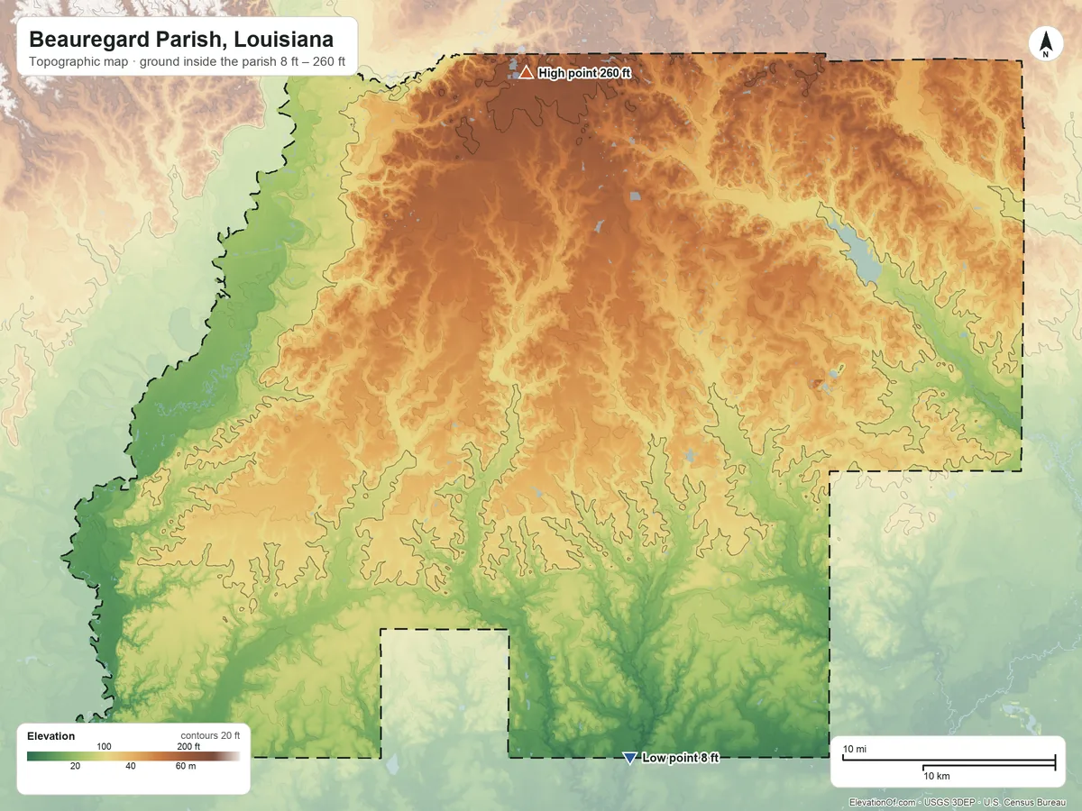 Topographic elevation map of Beauregard Parish, Louisiana, shaded from 8 ft on the south side to 260 ft on the north side