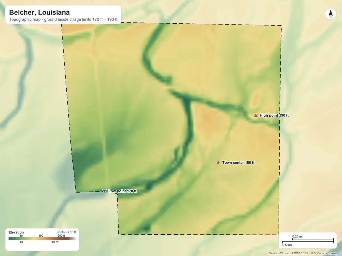 Topographic elevation map of Belcher, Louisiana, shaded from 170 ft on the west side to 190 ft on the northeast side