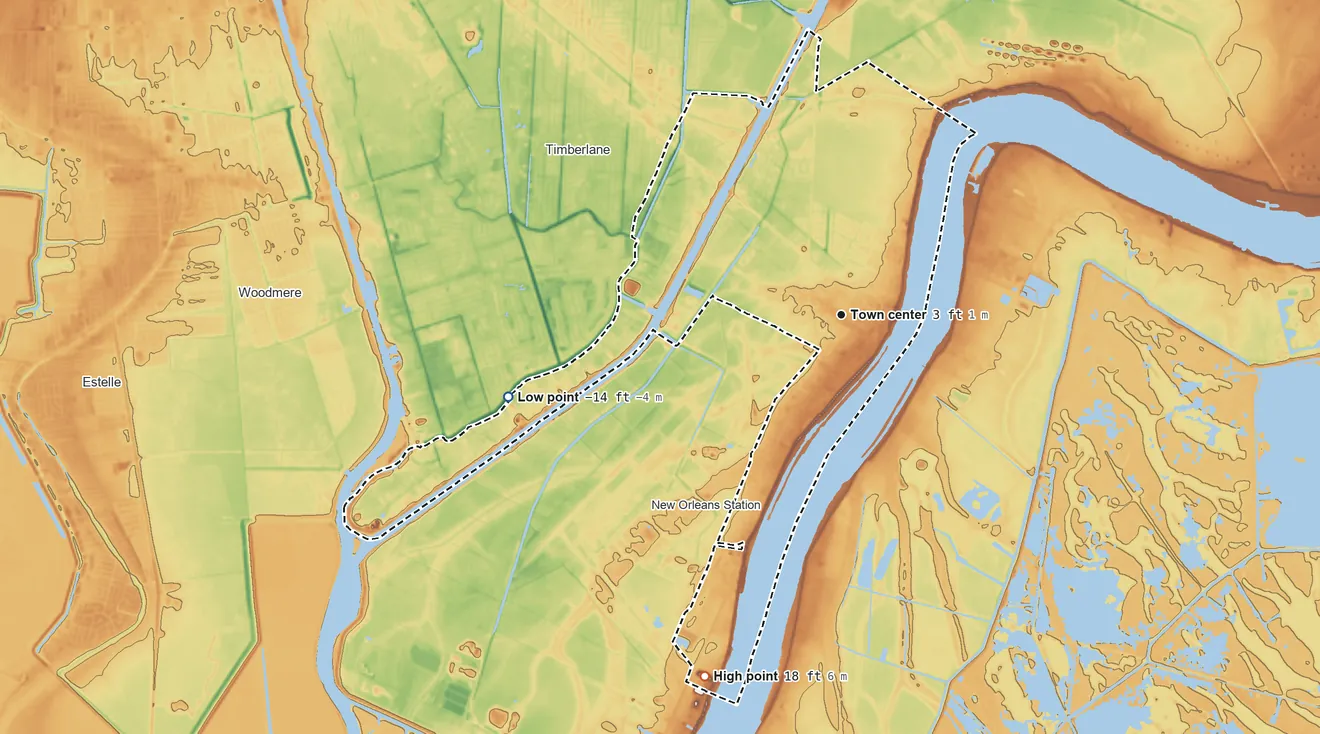 Topographic elevation map of Belle Chasse, Louisiana, shaded from −14 ft on the west side to 18 ft on the south side
