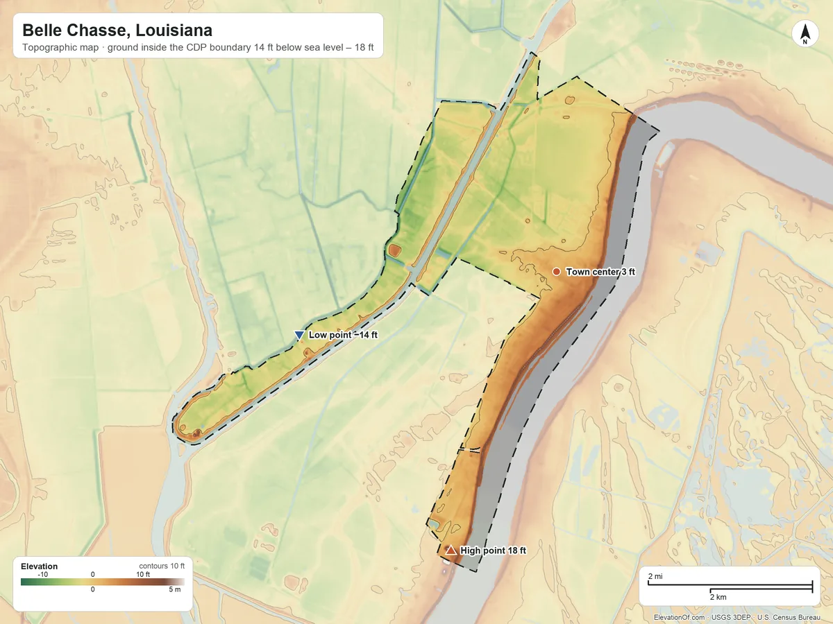 Topographic elevation map of Belle Chasse, Louisiana, shaded from −14 ft on the west side to 18 ft on the south side