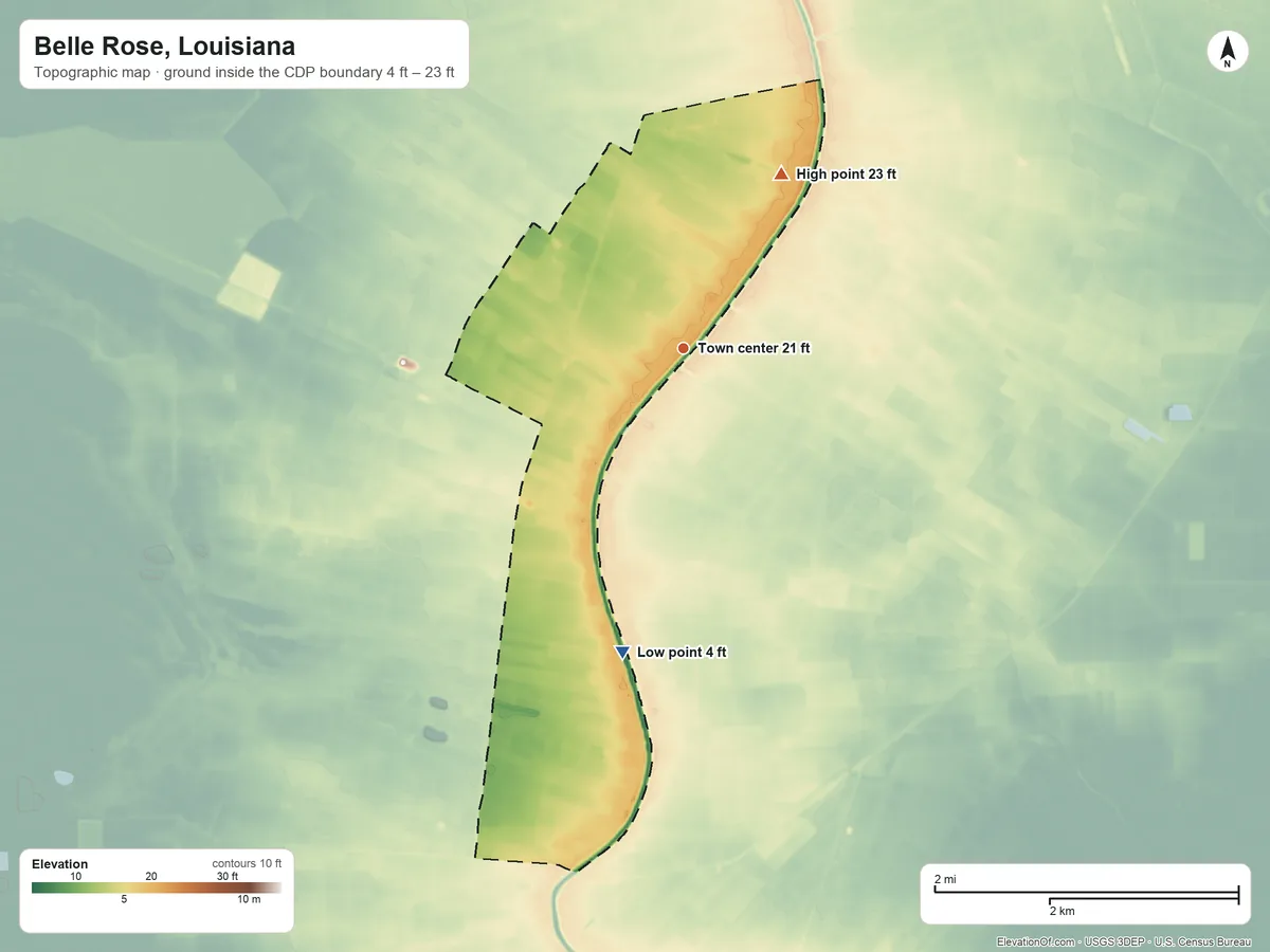 Topographic elevation map of Belle Rose, Louisiana, shaded from 4 ft on the south side to 23 ft on the northeast side