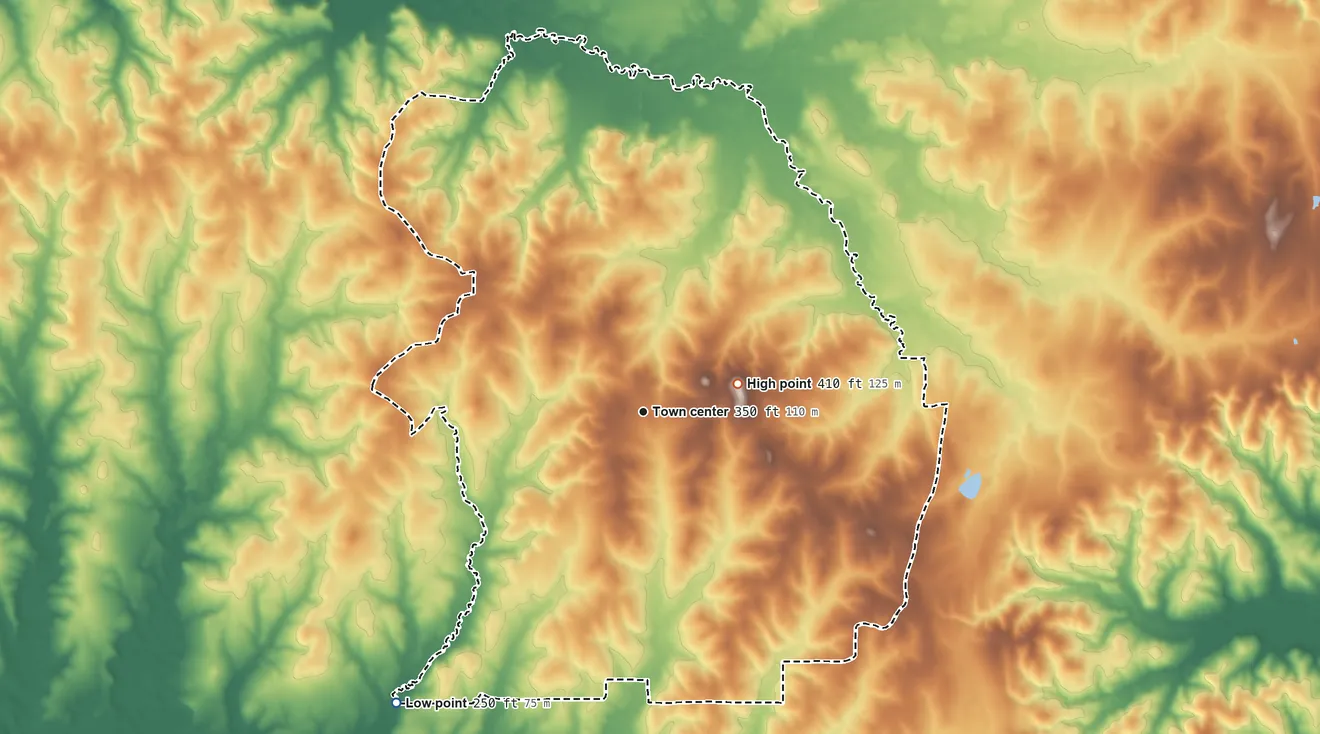 Topographic elevation map of Belmont, Louisiana, shaded from 250 ft on the southwest side to 410 ft on the east side