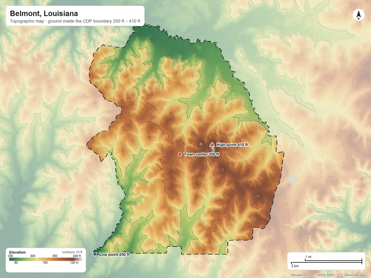 Topographic elevation map of Belmont, Louisiana, shaded from 250 ft on the southwest side to 410 ft on the east side