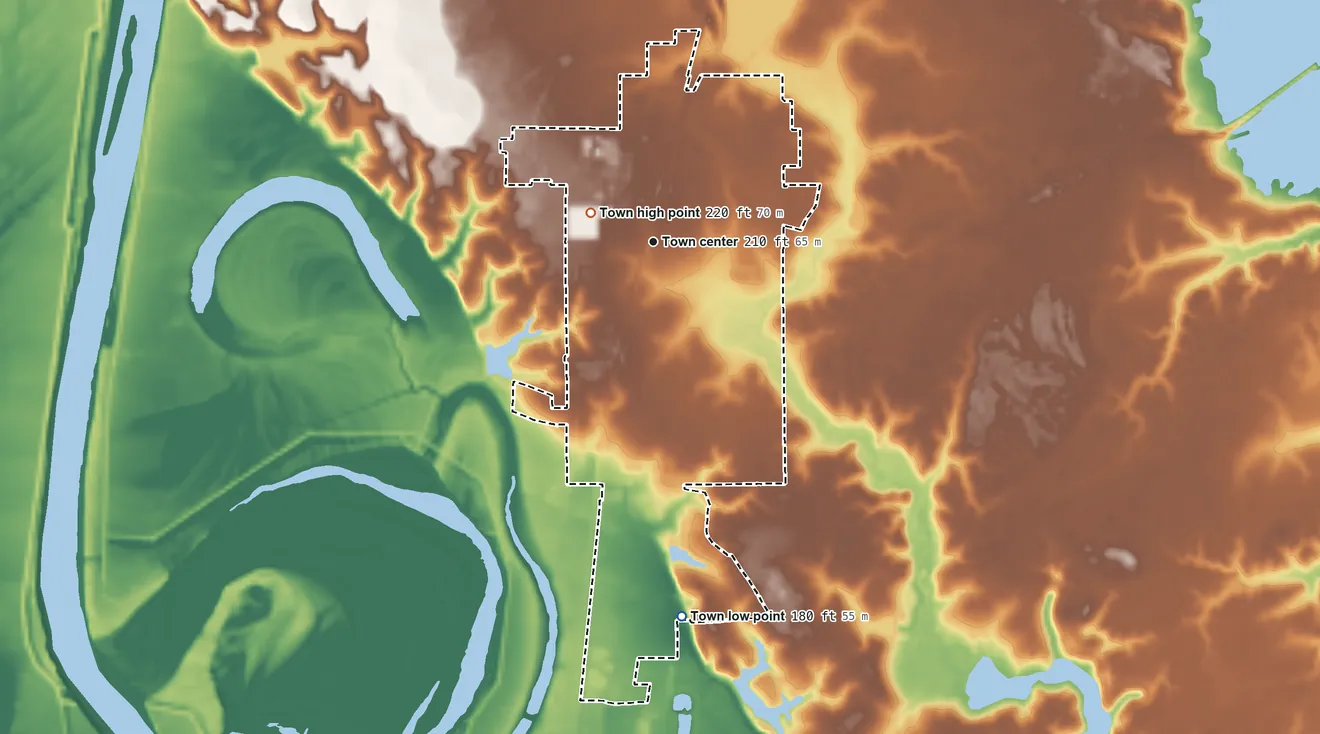 Topographic elevation map of Benton, Louisiana, shaded from 180 ft on the south side to 220 ft near the middle