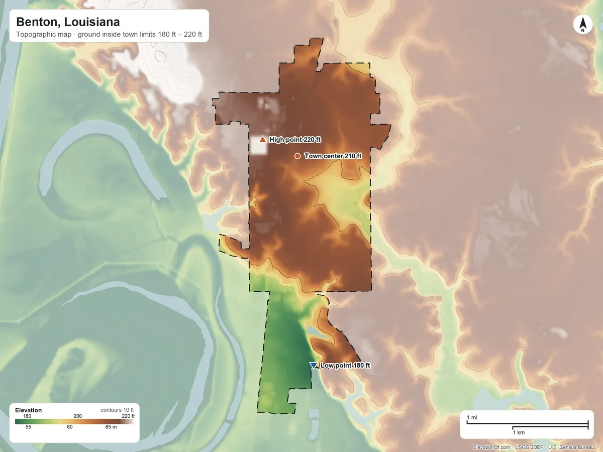 Topographic elevation map of Benton, Louisiana, shaded from 180 ft on the south side to 220 ft near the middle
