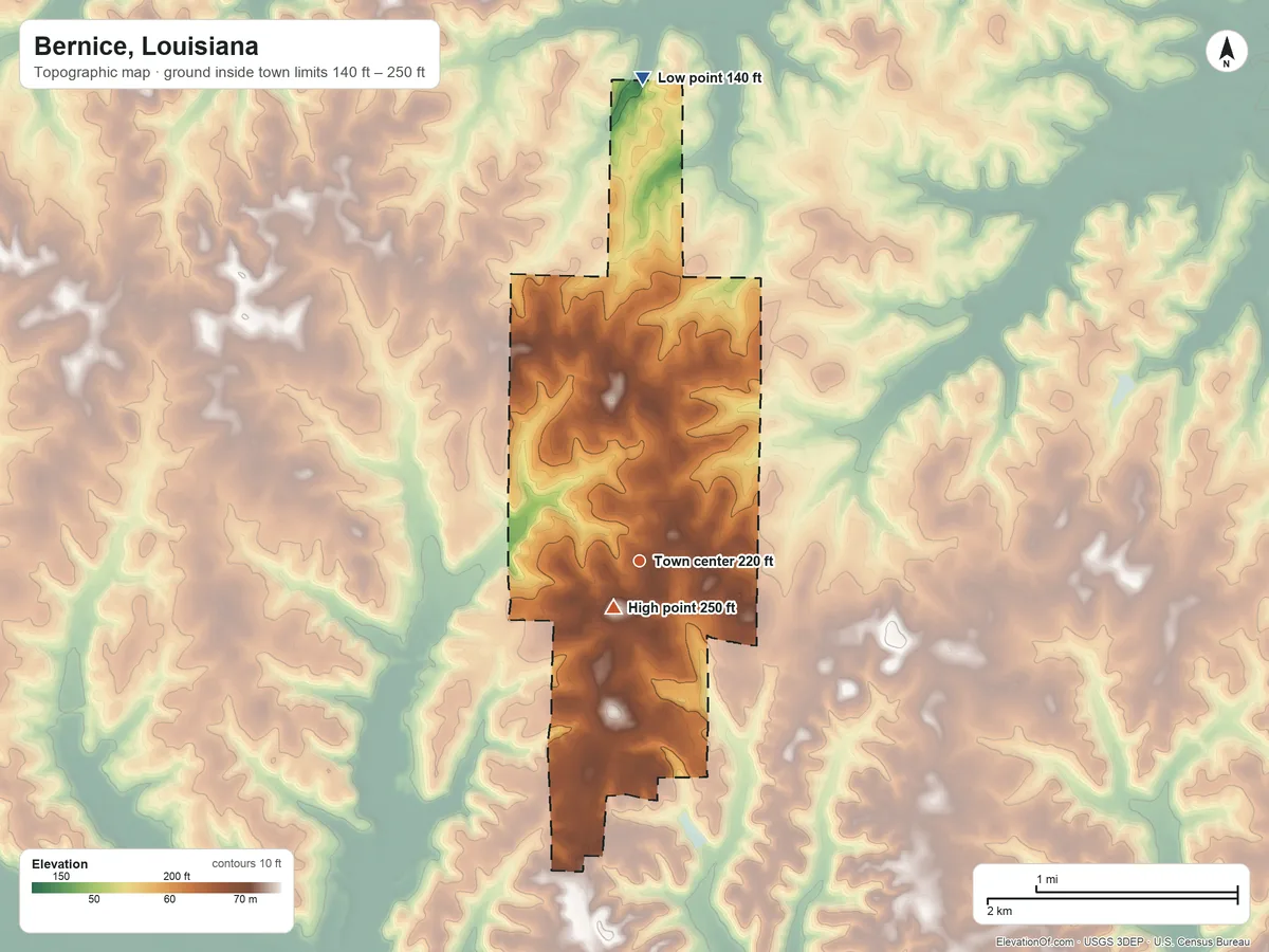 Topographic elevation map of Bernice, Louisiana, shaded from 140 ft on the north side to 250 ft near the middle