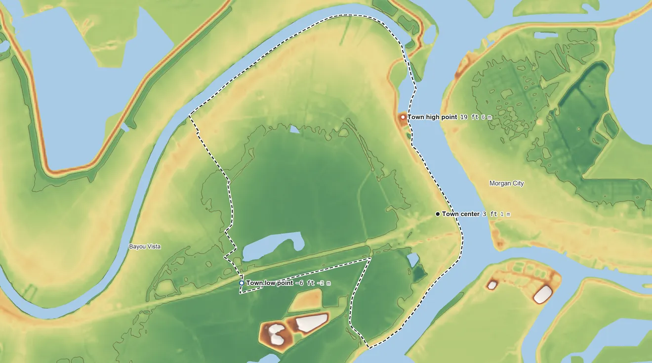Topographic elevation map of Berwick, Louisiana, shaded from −6 ft on the west side to 19 ft on the north side
