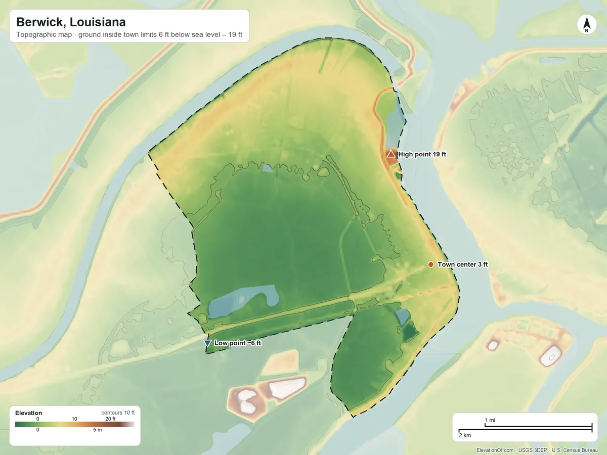 Topographic elevation map of Berwick, Louisiana, shaded from −6 ft on the west side to 19 ft on the north side