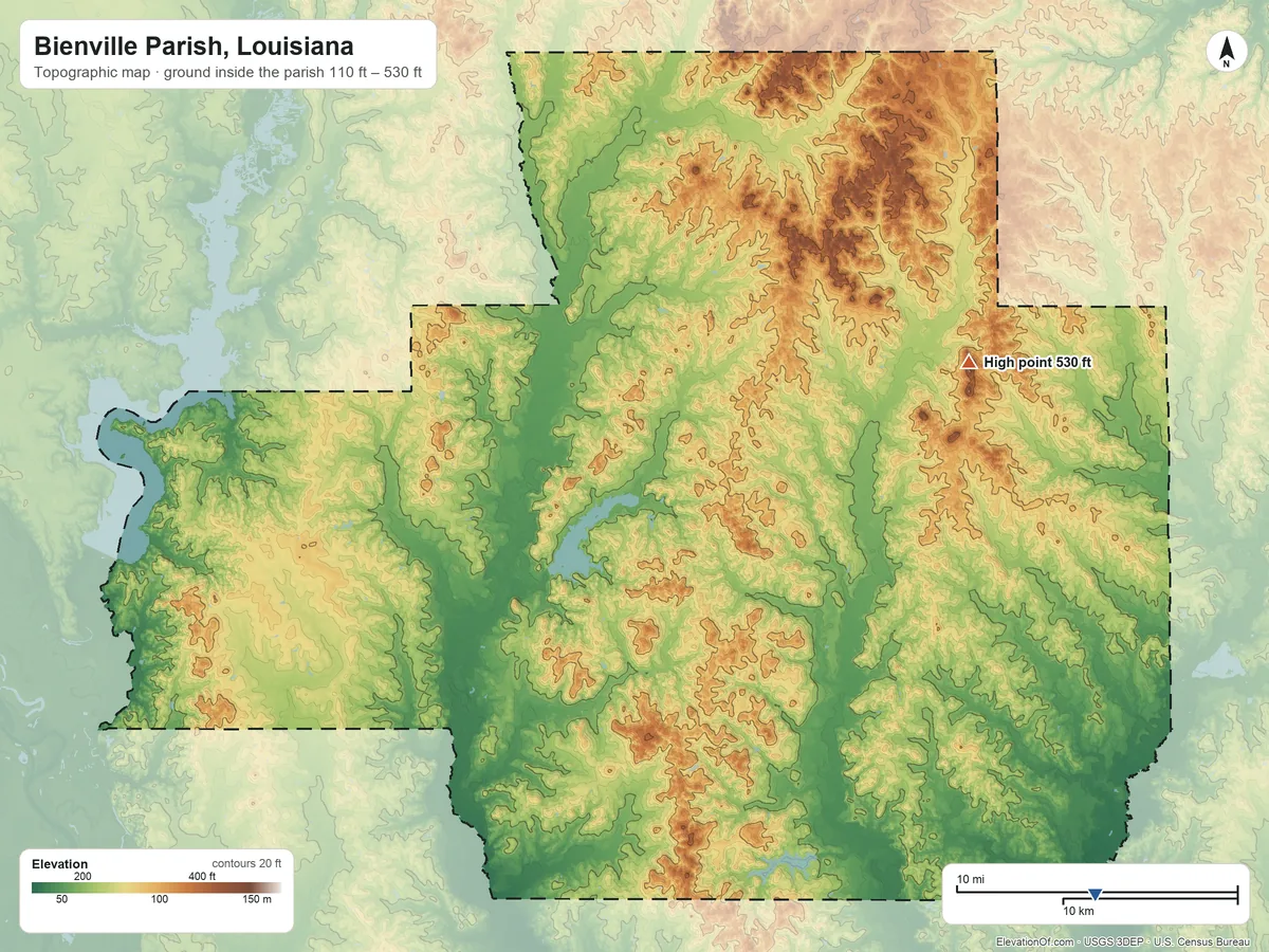 Topographic elevation map of Bienville Parish, Louisiana, shaded from 110 ft on the southeast side to 530 ft on Driskill Mountain