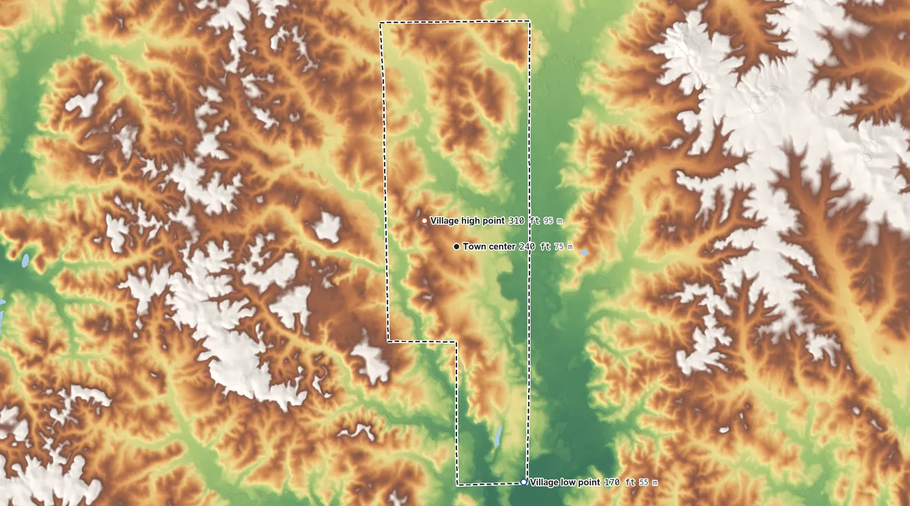 Topographic elevation map of Bienville, Louisiana, shaded from 170 ft on the south side to 310 ft near the middle