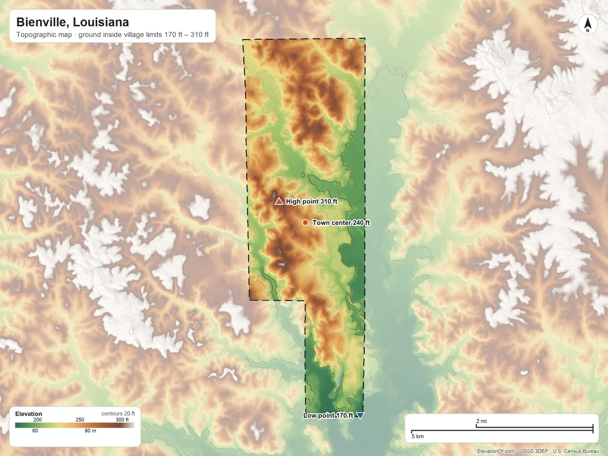 Topographic elevation map of Bienville, Louisiana, shaded from 170 ft on the south side to 310 ft near the middle